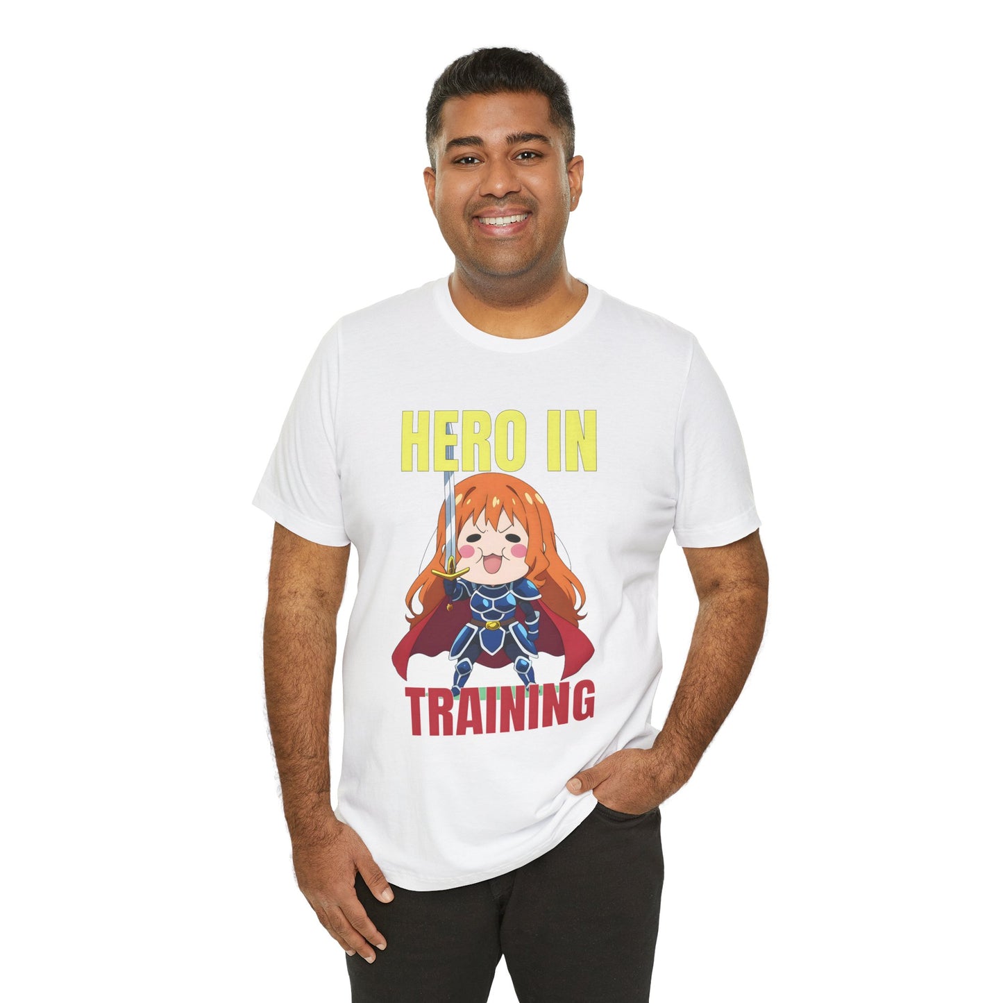 Anime Hero T-Shirt – Chibi Knight Girl “Hero in Training” Tee, Cute Fantasy Graphic Shirt, Encouraging Otaku Gift for Gamers and Dreamers