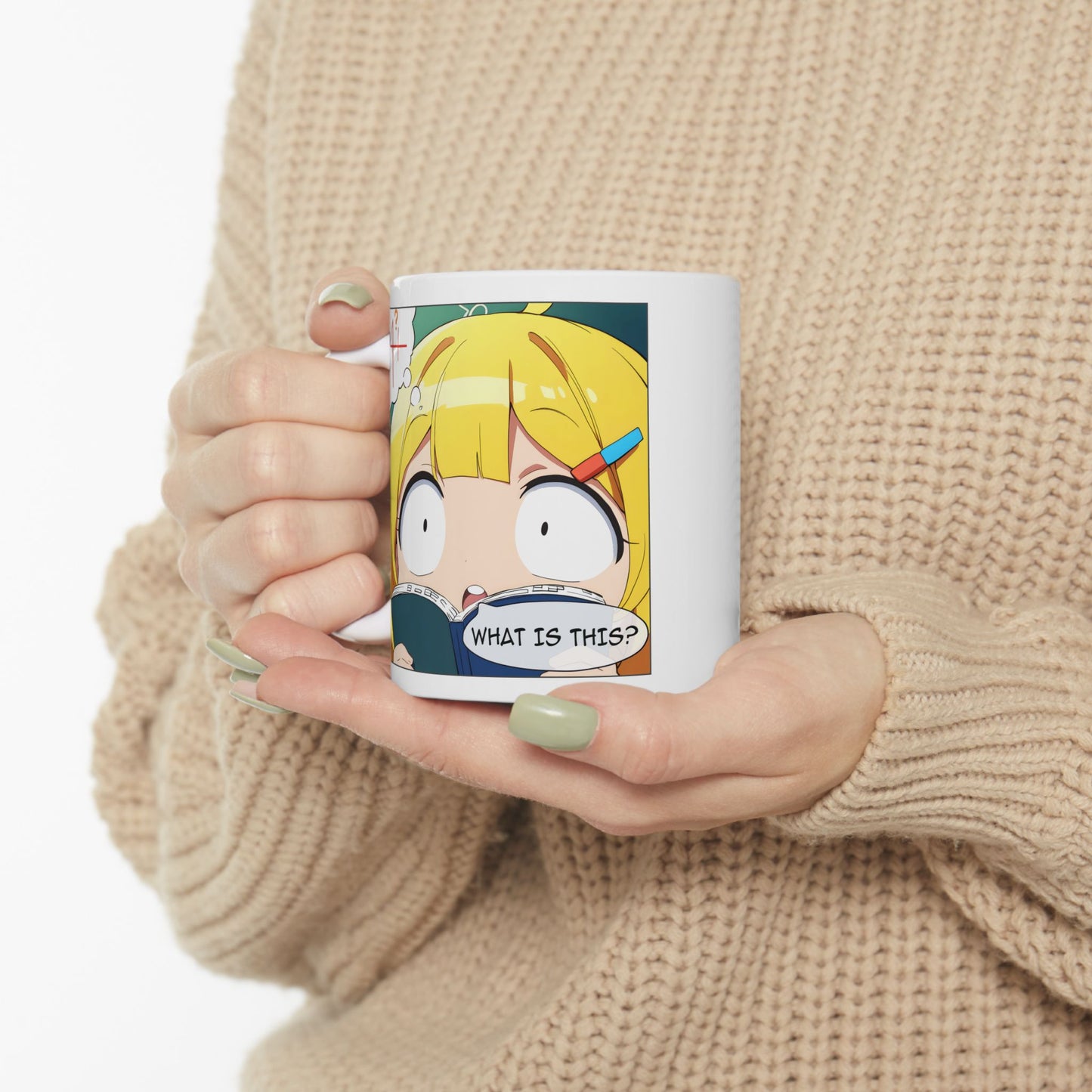 Math Struggle Mug – Confused Anime Girl with Book, Funny Exam Season Gift for Students and Study Survivors