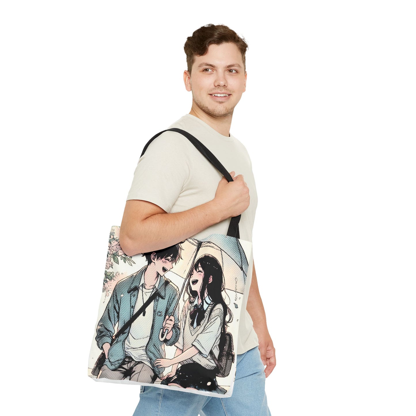 Anime Couple Tote Bag – Soft Romantic Rain Scene, Cute Manga Umbrella Moment, Aesthetic Love Story Bag