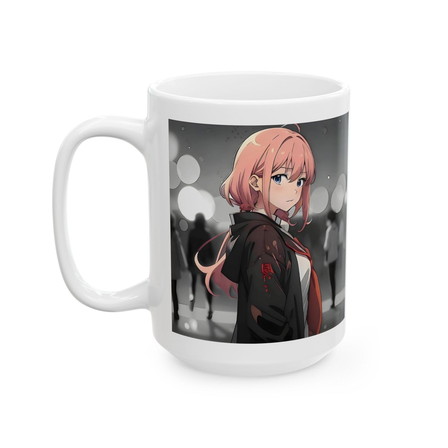 Emotional Anime Mug – Lonely Girl in Rainy Crowd, Pink Hair Manga Scene with Bokeh Lights, Sad Coffee Cup for Soft Moments