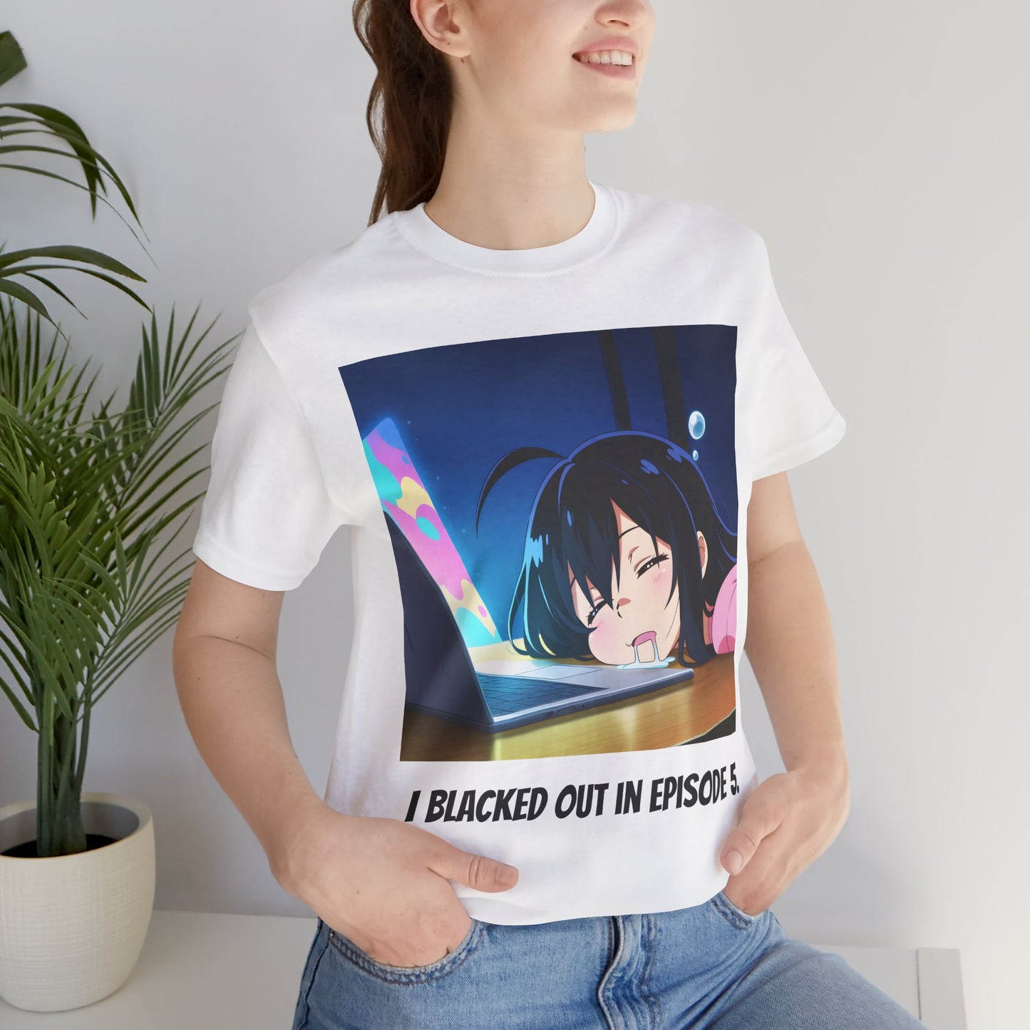 Anime Blackout T-Shirt – I Blacked Out in Episode 5, Drooling Girl Meme Tee, Relatable Otaku Shirt for Exhausted Students and Fans