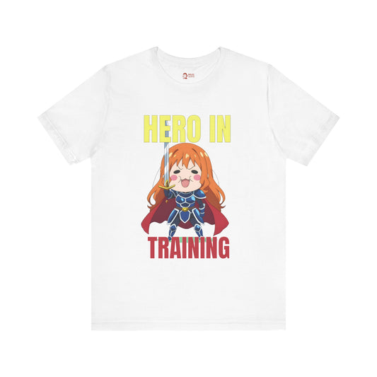 Anime Hero T-Shirt – Chibi Knight Girl “Hero in Training” Tee, Cute Fantasy Graphic Shirt, Encouraging Otaku Gift for Gamers and Dreamers