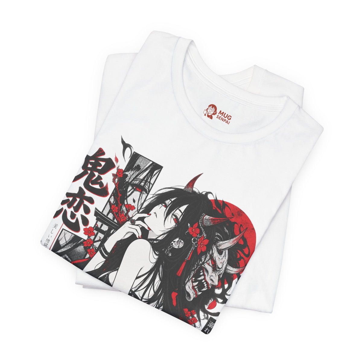 Anime Demon Girl Tee – Red Black Oni Mask Manga Art