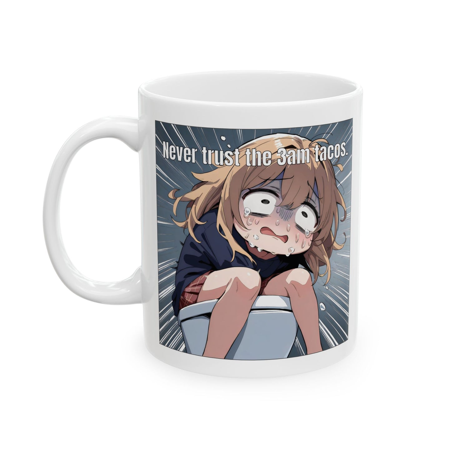 Funny Anime Mug – Crying Girl on Toilet Meme, Late Night Regret, Hilarious Gift for Anime Fans and Chaotic Foodies