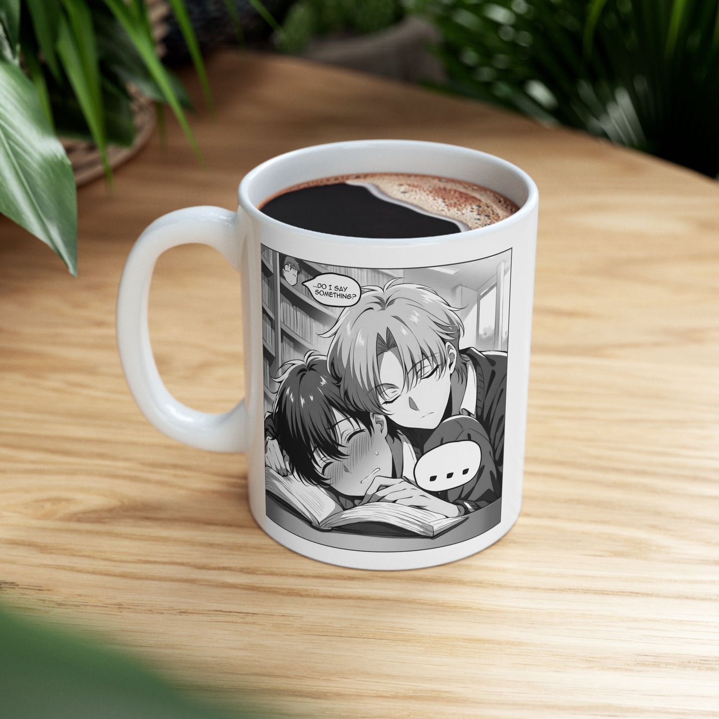 Tender BL Mug – Sleepy Manga Boys in Library Hug Scene, Soft Romantic Moment for Fans of Gentle Love and Quiet Stillness