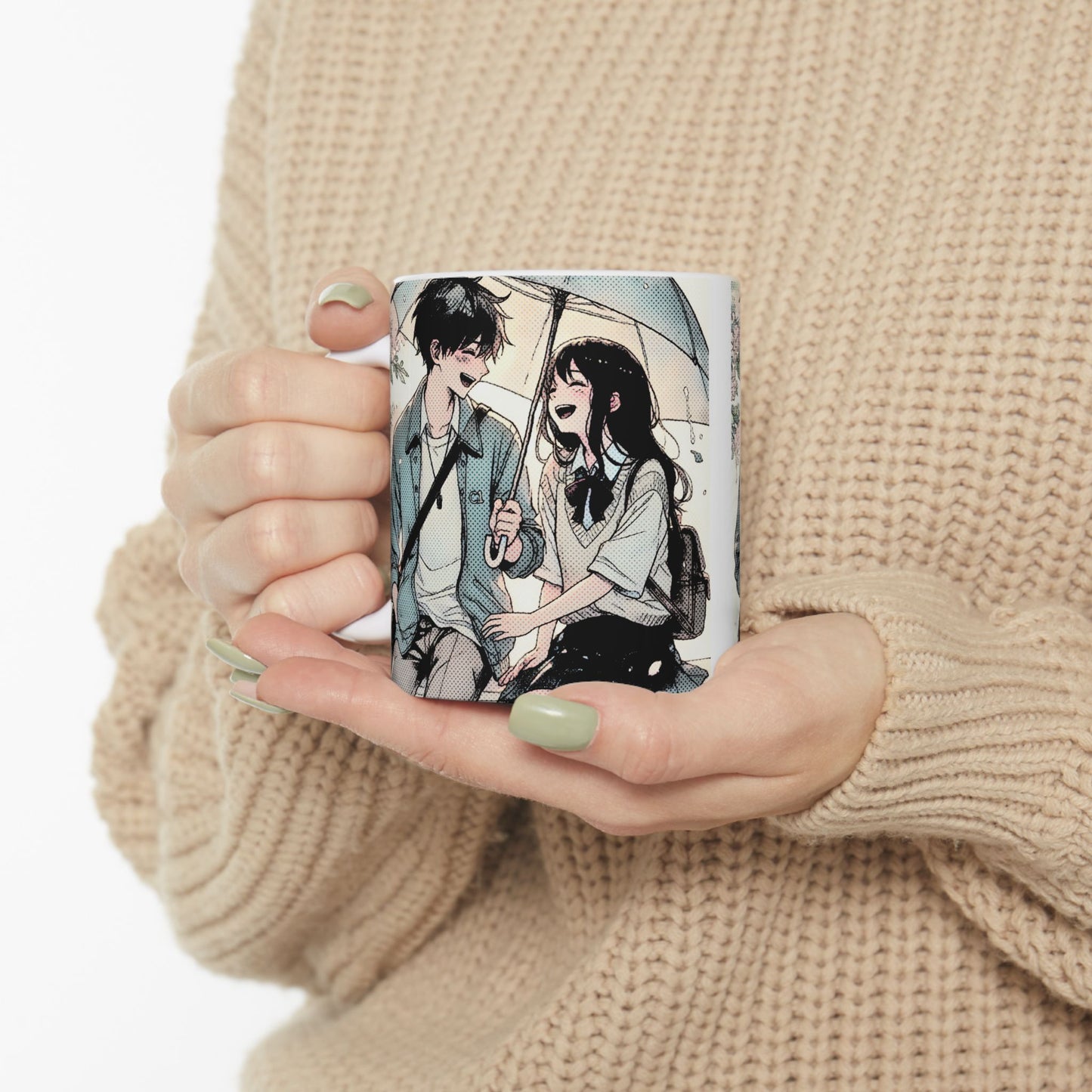 Anime Couple Mug – Soft Rain Walk Romance, Sweet Manga Umbrella Moment, Emotional Coffee Cup for Love Story Fans