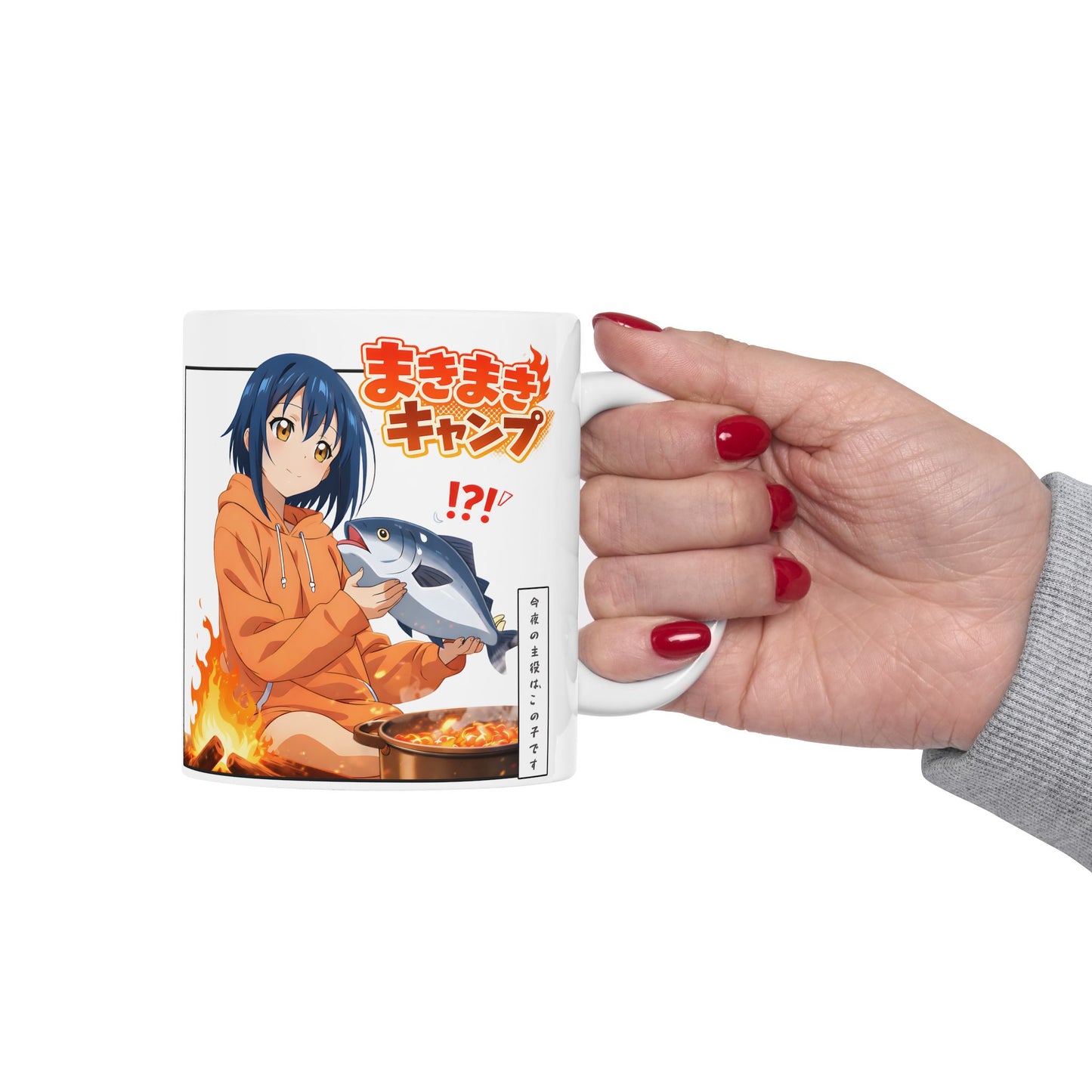 Funny Anime Mug – Camping Girl Cooking Fish Scene, Chaotic Campfire Anime Cup, Cute Cooking Disaster Mug, Weird Anime Humor Gift