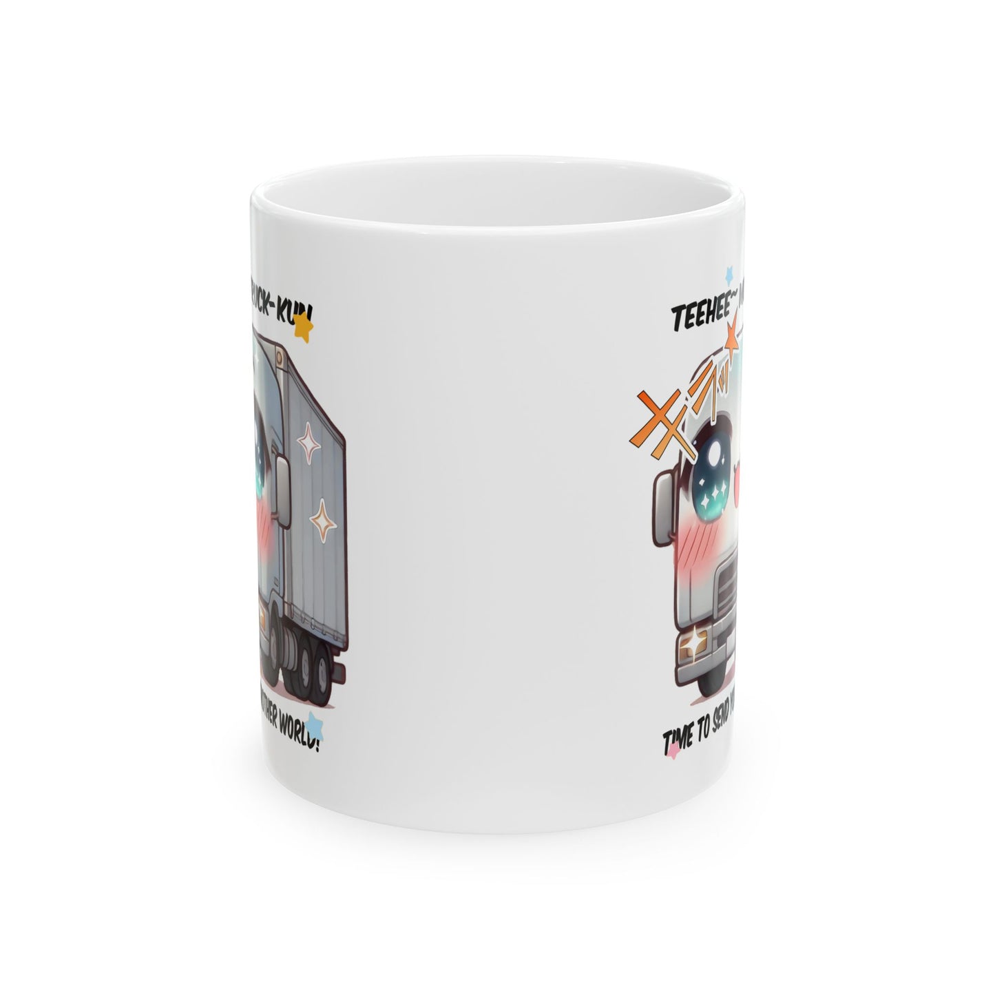Truck Kun Mug – Funny Isekai Meme Coffee Cup, Moe Anime Truck Otaku Gift for Fans of Another World Adventures and Chaotic Kawaii Humor