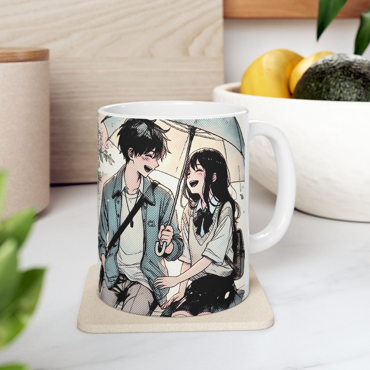 Anime Couple Mug – Soft Rain Walk Romance, Sweet Manga Umbrella Moment, Emotional Coffee Cup for Love Story Fans