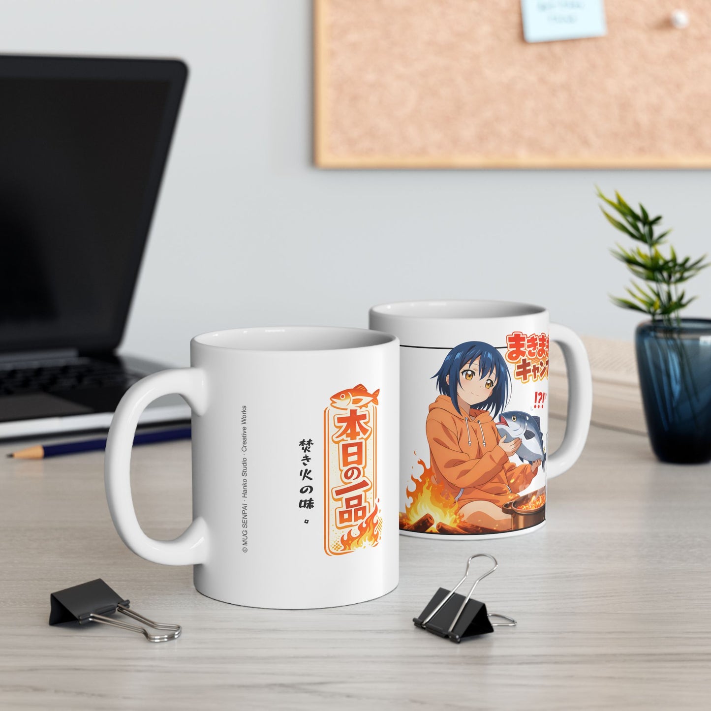 Funny Anime Mug – Camping Girl Cooking Fish Scene, Chaotic Campfire Anime Cup, Cute Cooking Disaster Mug, Weird Anime Humor Gift