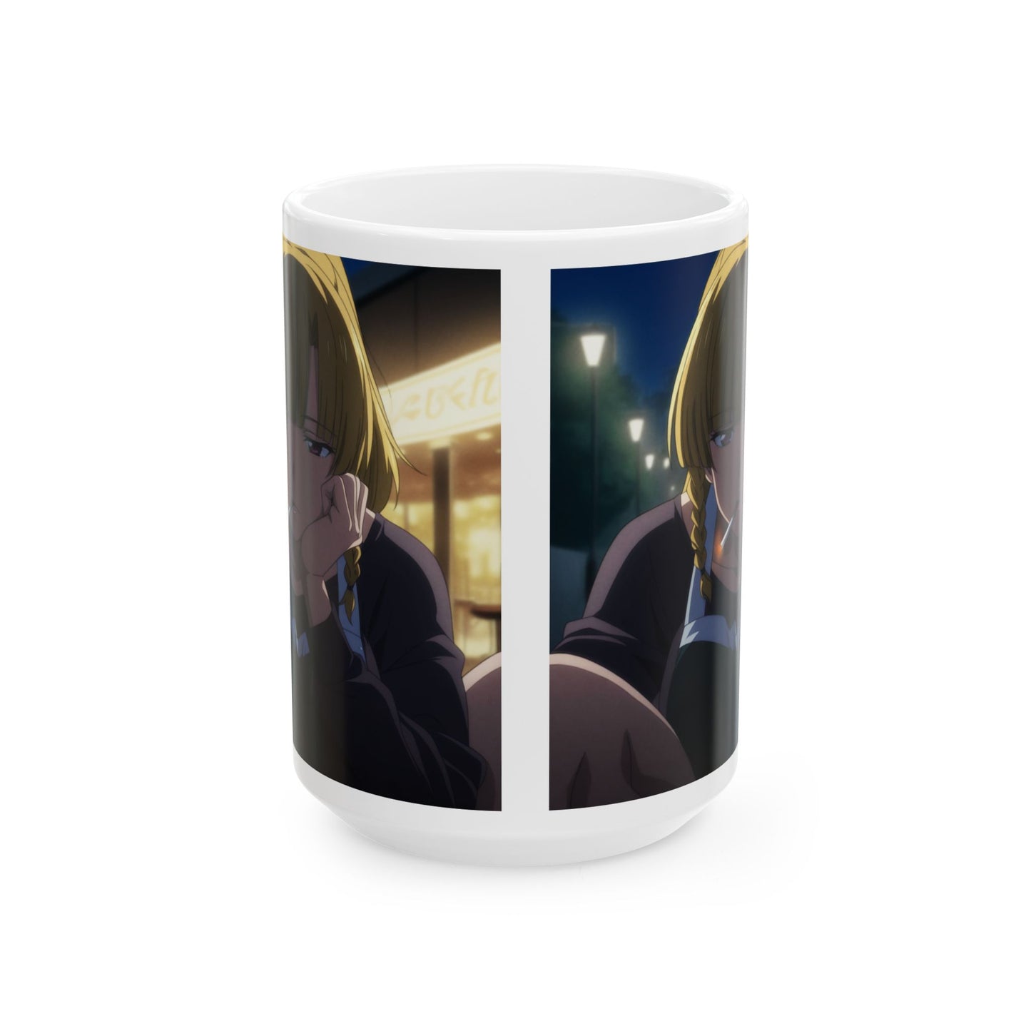 Anime Aesthetic Mug – Tired Night-Shift Girl, Moody Late-Night Bar Scene, Emotional Manga Coffee Cup