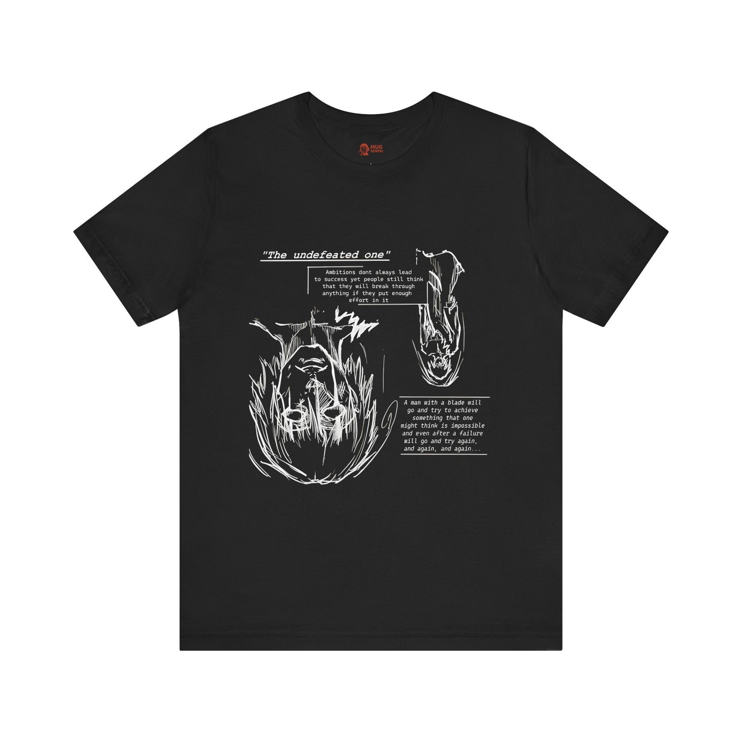Cross-Eyed Samurai T-Shirt – Fall of the Undefeated, Hand-Drawn Manga Art Tee, Mythic Anime Shirt, Black & White Samurai Graphic for Fans