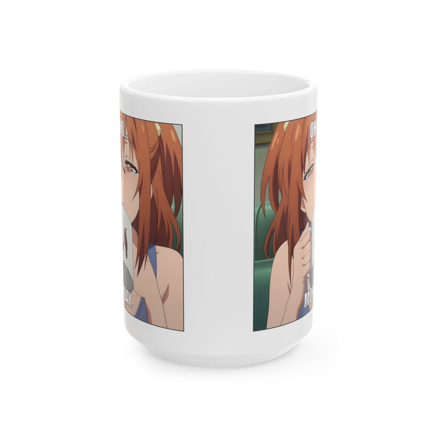 Anime Monday Mug – Oh No Meme Coffee Cup with Tired Girl, Funny Otaku Gift for Work Chaos, Exhausted Mornings, and Relatable Weeb Burnout