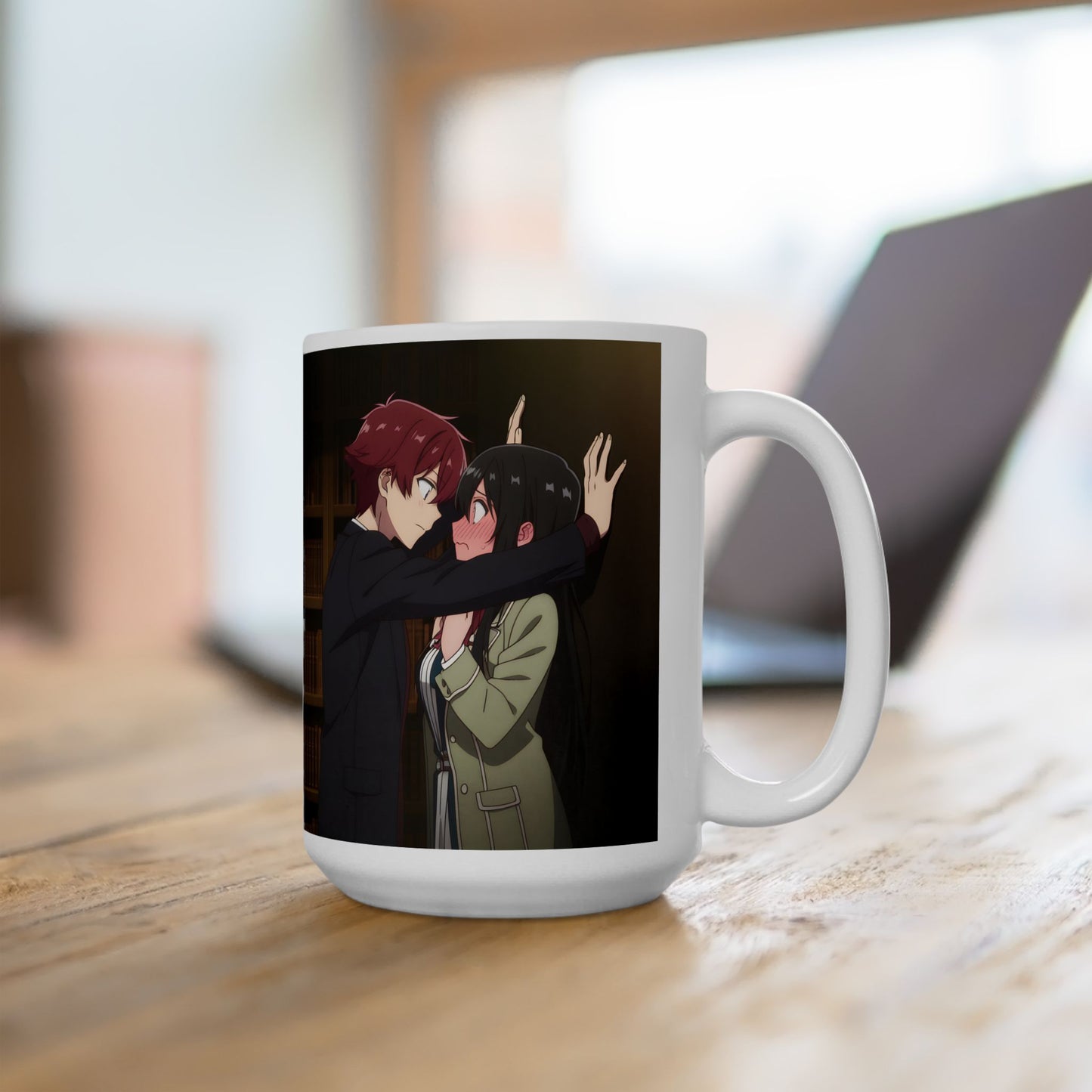 Anime Romance Mug – Heart-Stopping Kabe-Don Scene, Blushing Library Moment, Cute Couple Coffee Cup