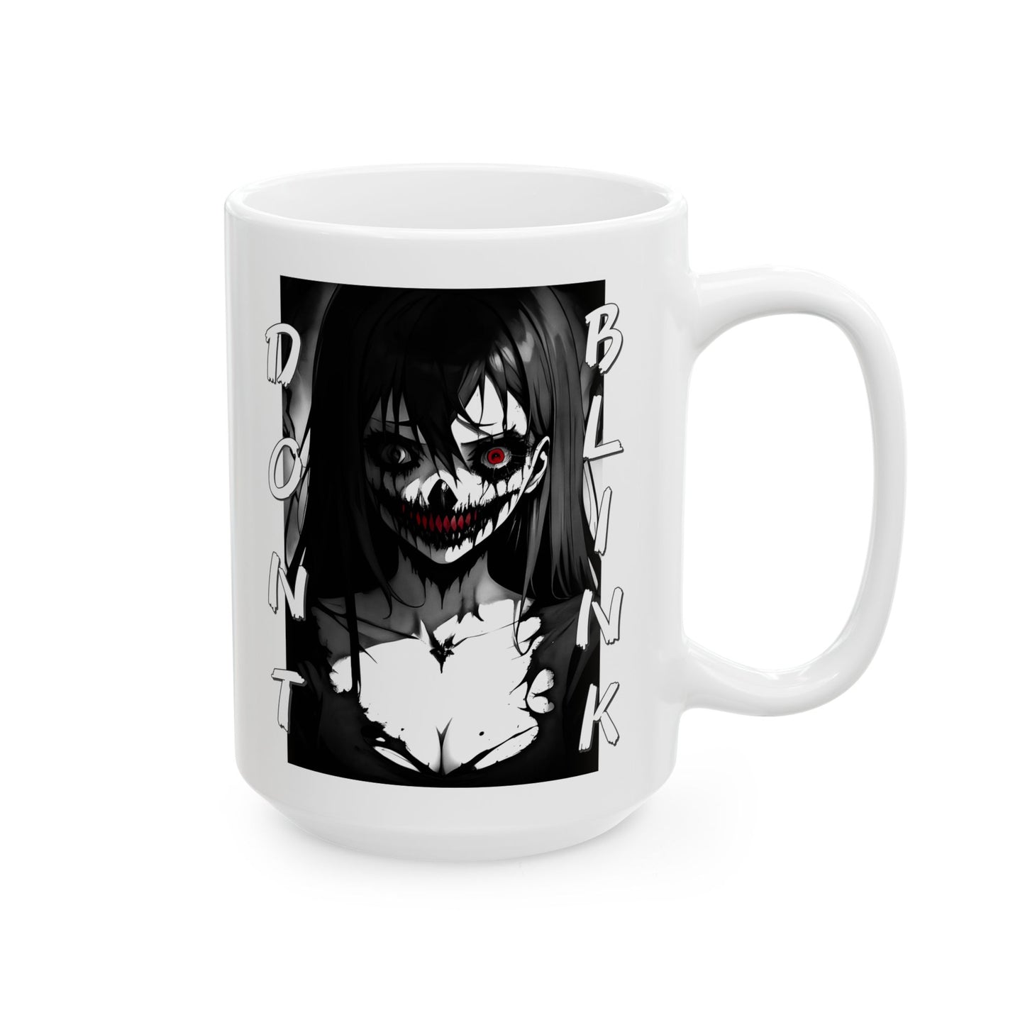 Horror Anime Girl Mug – Don’t Blink Creepy Manga Art Cup, Dark Aesthetic Coffee Gift for Horror Fans