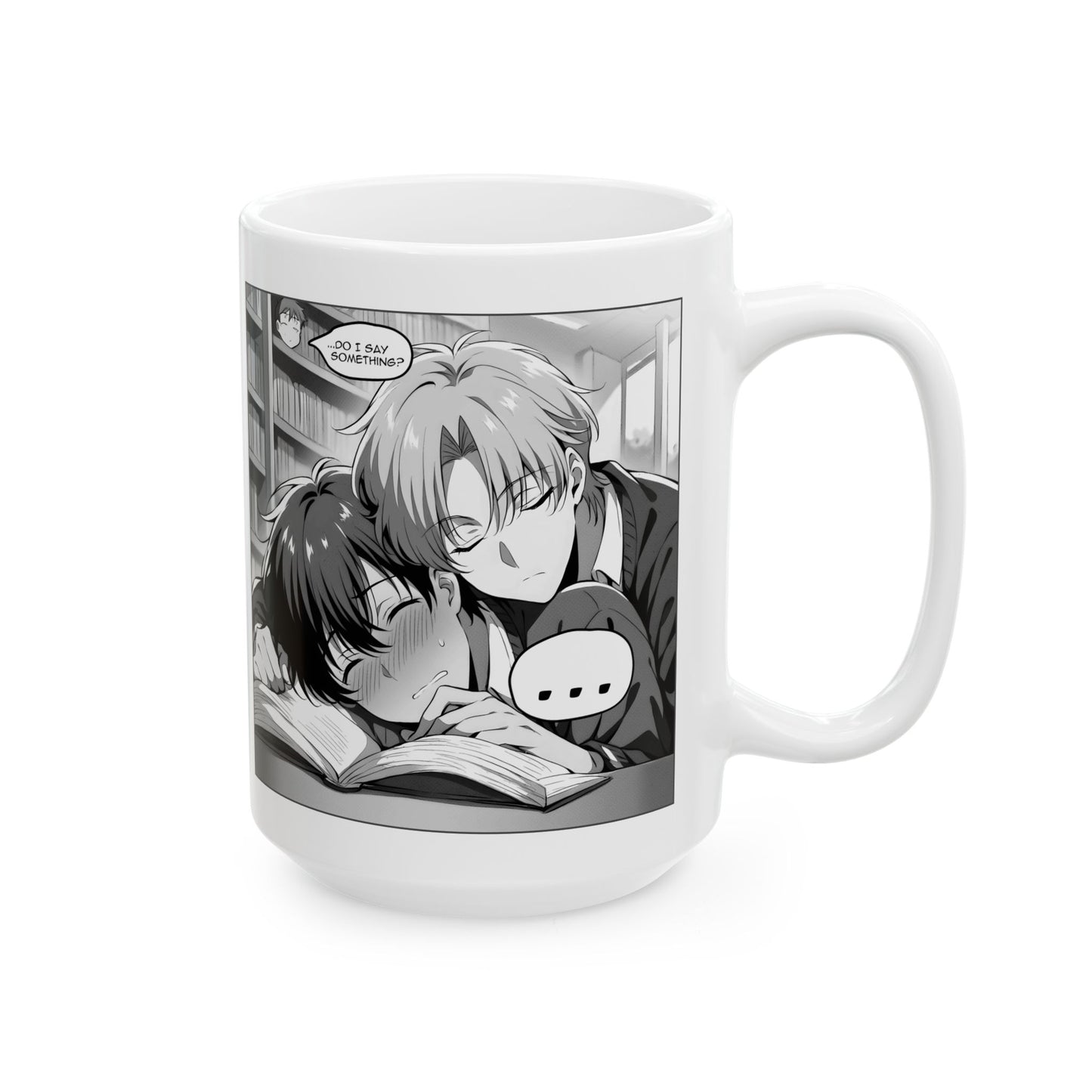 Tender BL Mug – Sleepy Manga Boys in Library Hug Scene, Soft Romantic Moment for Fans of Gentle Love and Quiet Stillness