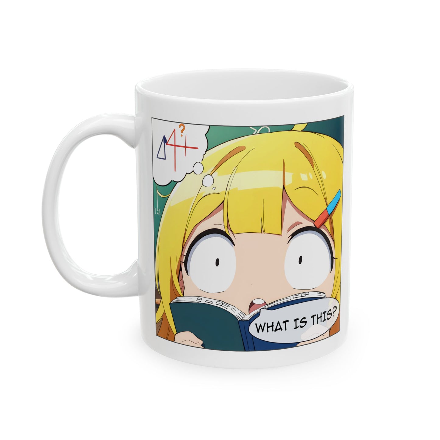 Math Struggle Mug – Confused Anime Girl with Book, Funny Exam Season Gift for Students and Study Survivors