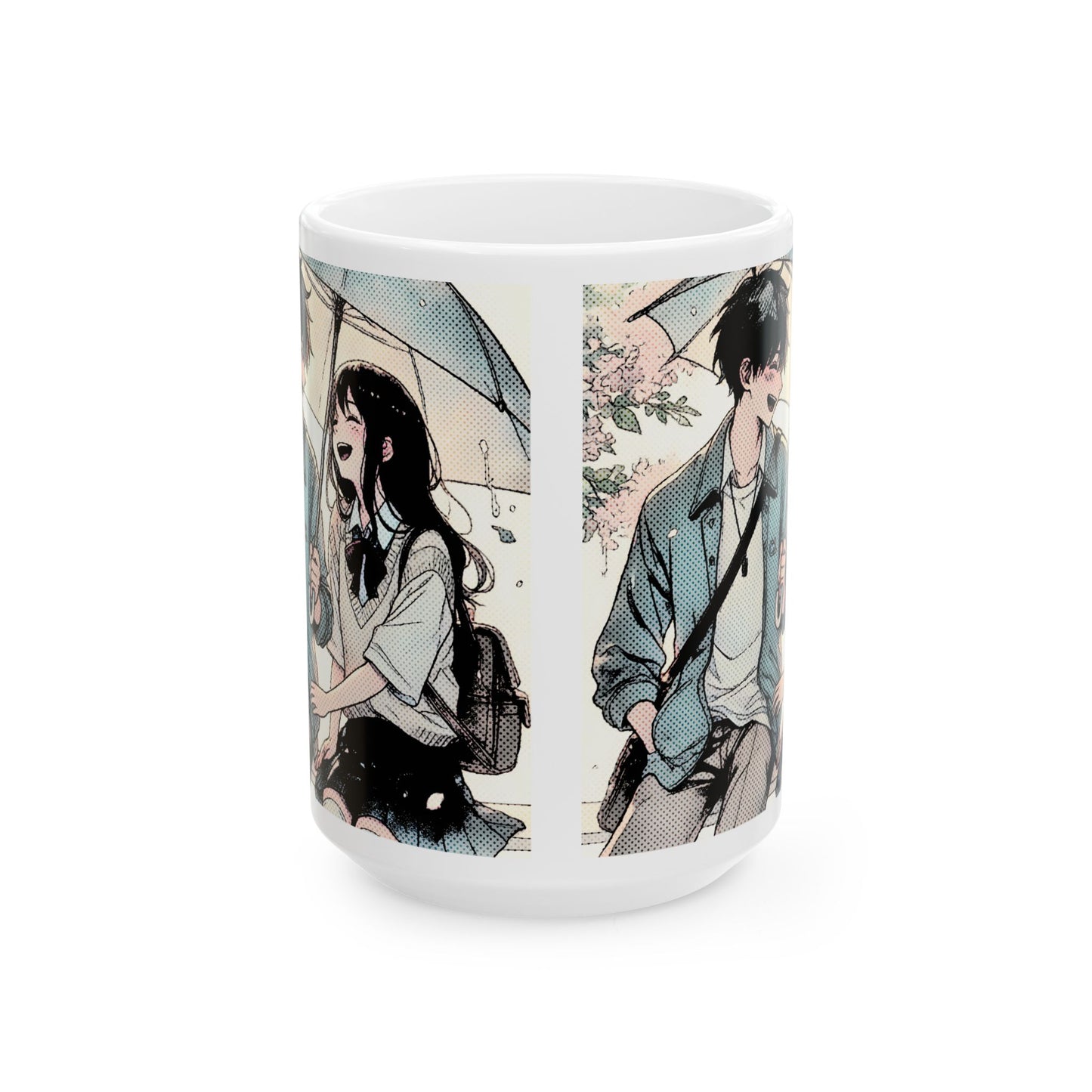 Anime Couple Mug – Soft Rain Walk Romance, Sweet Manga Umbrella Moment, Emotional Coffee Cup for Love Story Fans