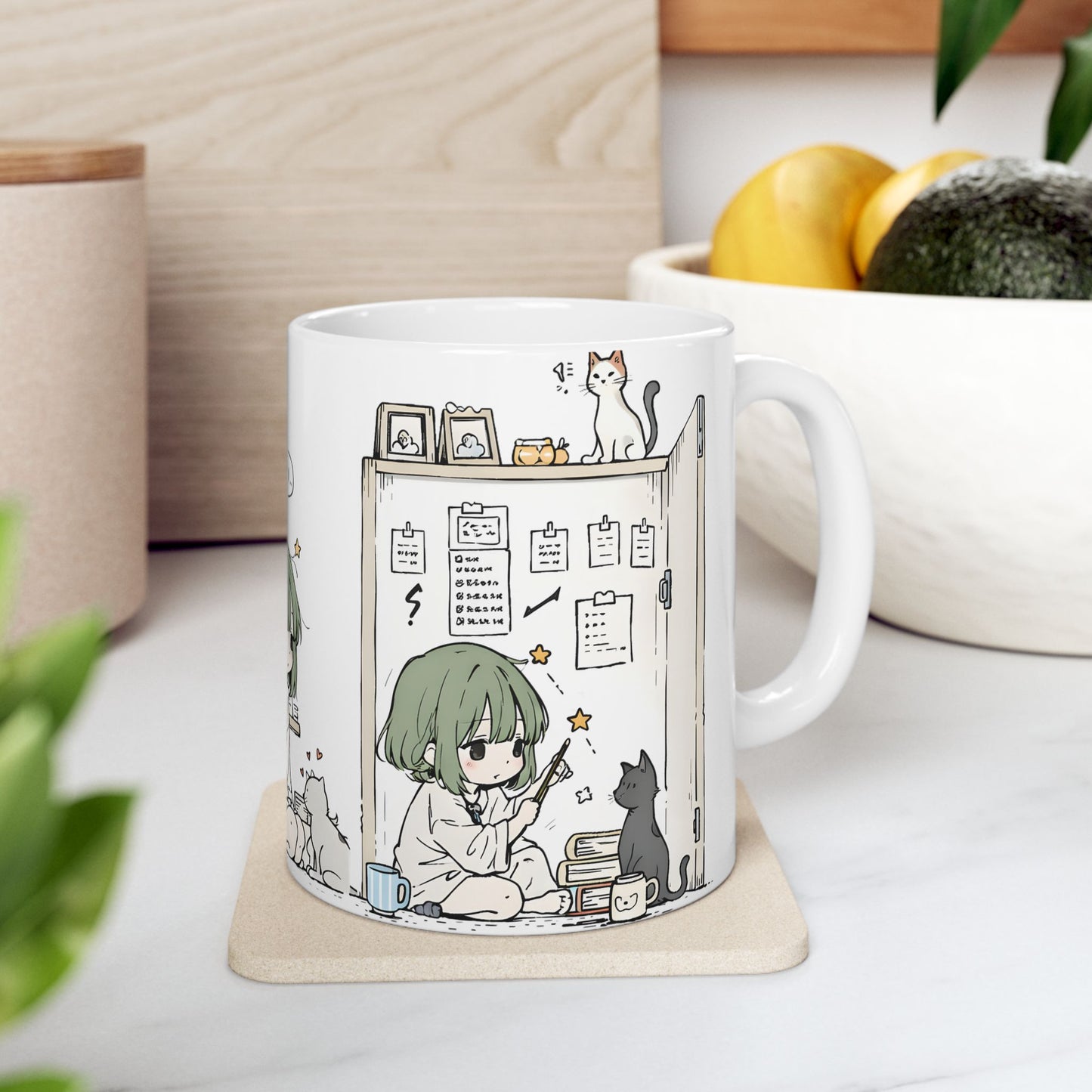 Cozy Cat Anime Mug – Slice of Life Anime Girl with Cats Cup, Soft Aesthetic Cozy Room Mug, Cute Cat Lover Coffee Mug Gift