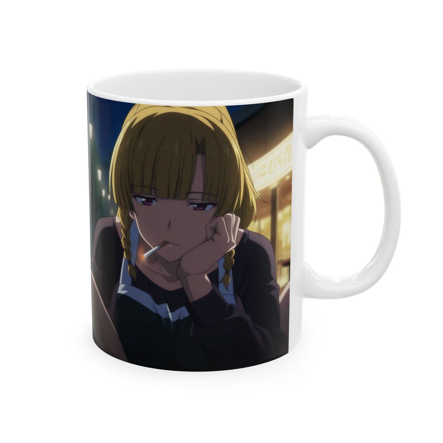 Anime Aesthetic Mug – Tired Night-Shift Girl, Moody Late-Night Bar Scene, Emotional Manga Coffee Cup