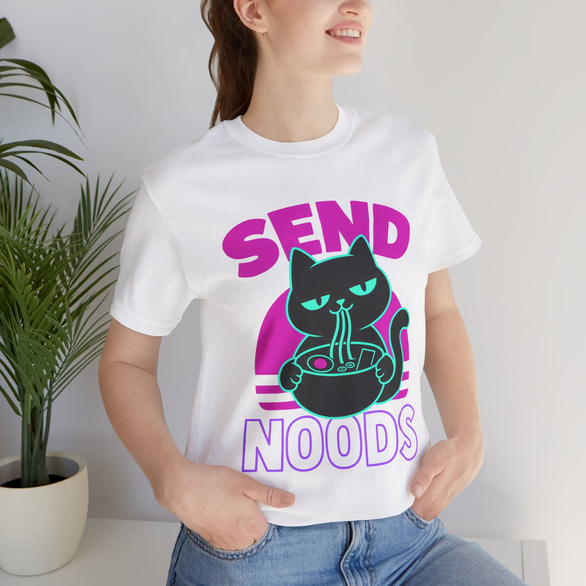 Funny Cat Meme Tee – Send Noods Neon Ramen Cat Shirt