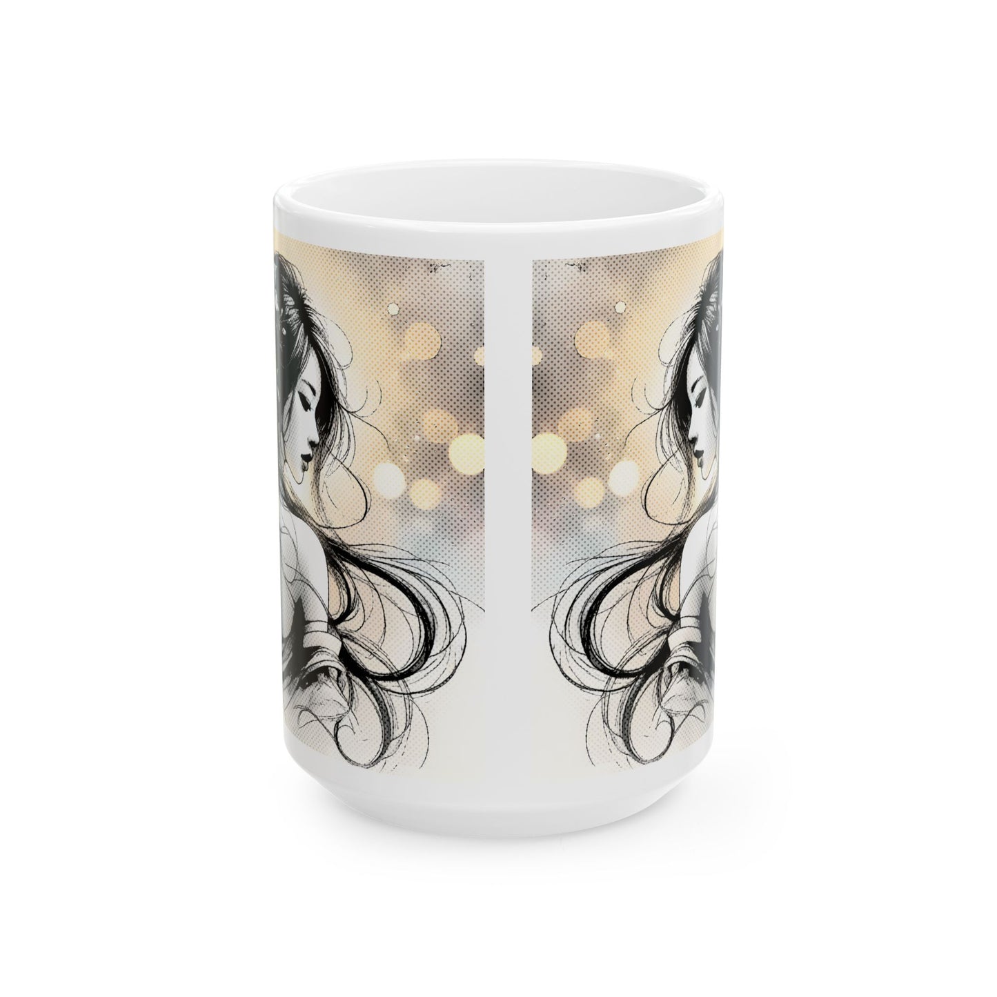 Floral Manga Mug – Elegant Ink Line Art Girl, Soft Japanese-Inspired Flower Scene, Aesthetic Anime Coffee Cup