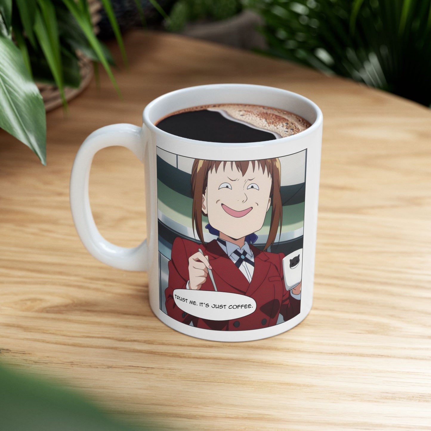 Anime Coffee Mug – Suspicious Girl Meme Cup with “Trust Me It’s Just Coffee” Quote, Funny Otaku Gift for Work Chaos