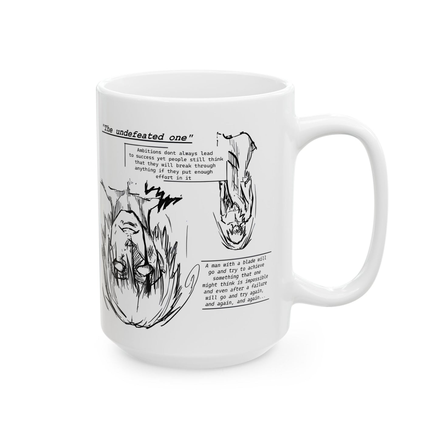 Cross-Eyed Samurai Mug – Fall of the Undefeated, Hand-Drawn Manga Art Coffee Cup, Mythic Anime Gift for Fans of Gritty Stories, B&W Samurai Design
