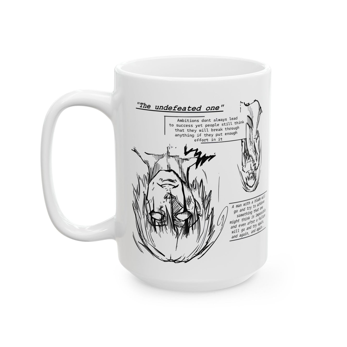 Cross-Eyed Samurai Mug – Fall of the Undefeated, Hand-Drawn Manga Art Coffee Cup, Mythic Anime Gift for Fans of Gritty Stories, B&W Samurai Design