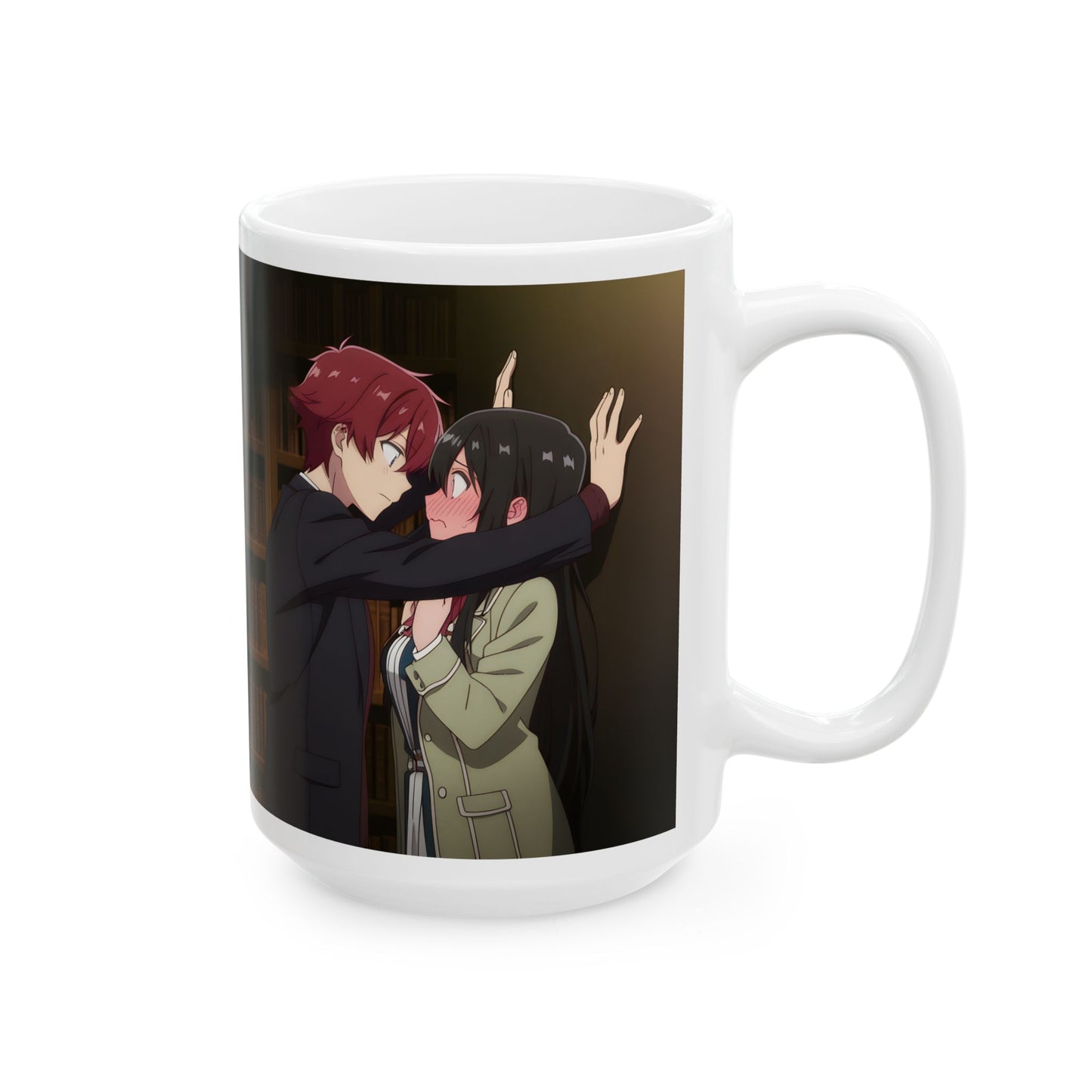 Anime Romance Mug – Heart-Stopping Kabe-Don Scene, Blushing Library Moment, Cute Couple Coffee Cup