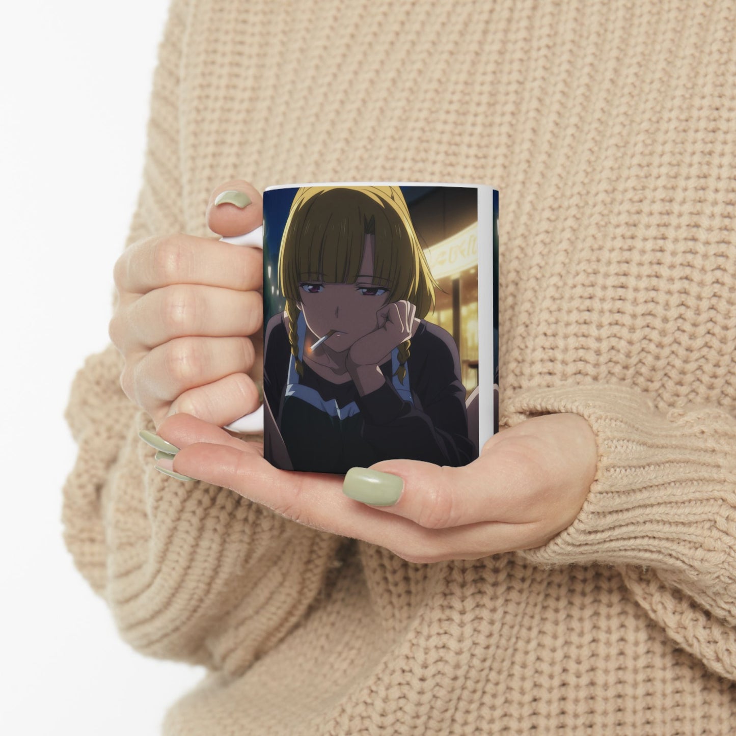 Anime Aesthetic Mug – Tired Night-Shift Girl, Moody Late-Night Bar Scene, Emotional Manga Coffee Cup