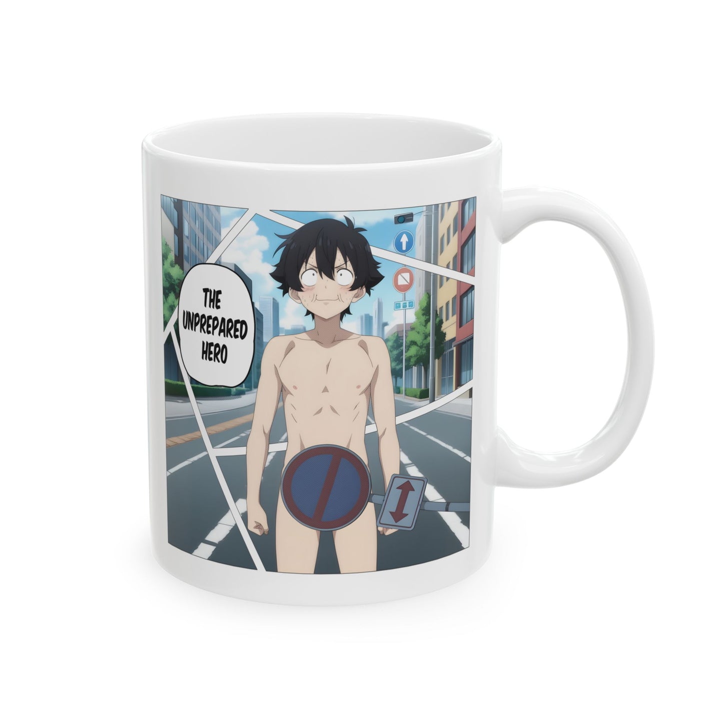 Isekai Meme Mug – Naked Summon Gone Wrong, Funny Anime Coffee Mug, Hilarious Traffic Sign Censorship Gag, Gift for Otaku and Chaos Lovers