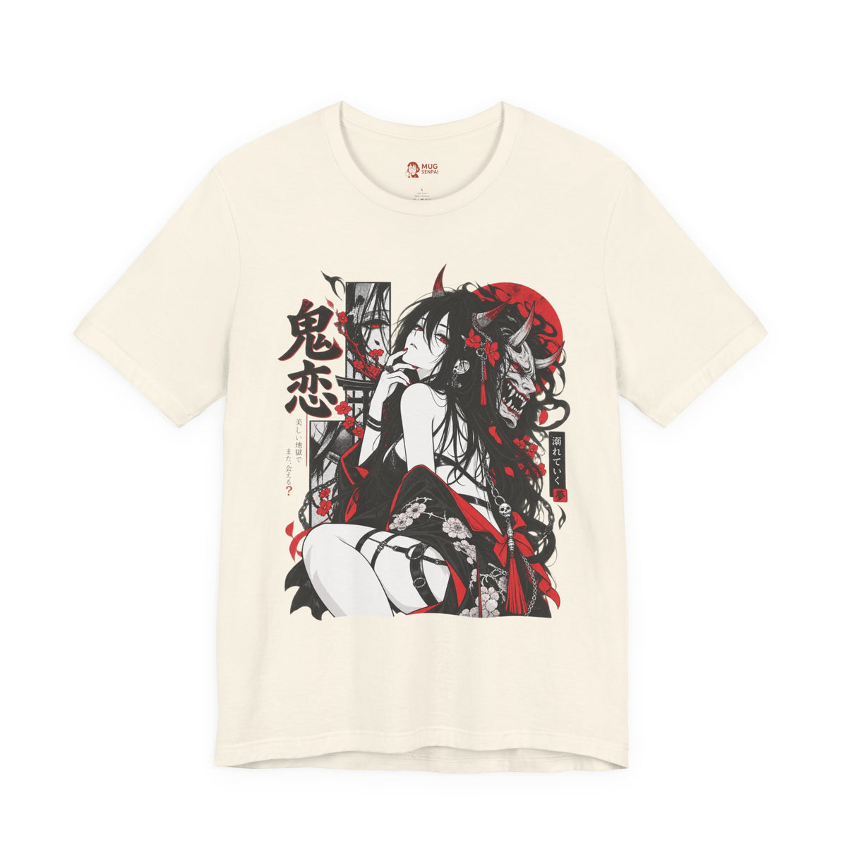 Anime Demon Girl Tee – Red Black Oni Mask Manga Art