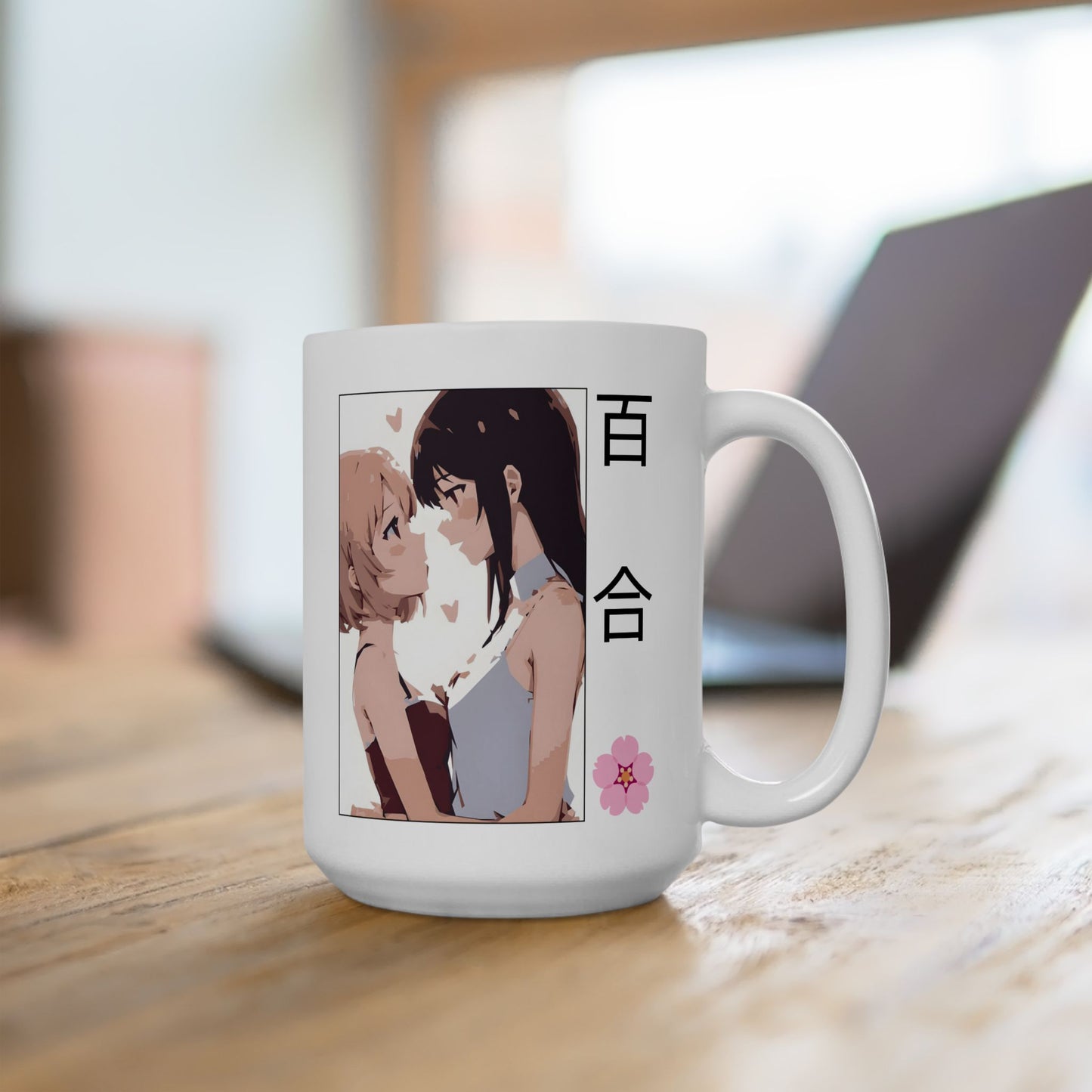 Yuri Romance Mug – Girls Love Anime Cup with Sakura Detail, Soft GL Moment for WLW Fans and Sapphic Otaku