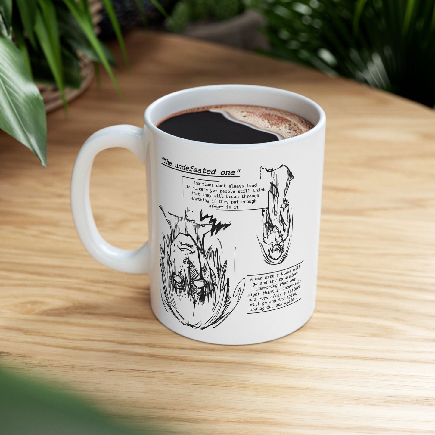 Cross-Eyed Samurai Mug – Fall of the Undefeated, Hand-Drawn Manga Art Coffee Cup, Mythic Anime Gift for Fans of Gritty Stories, B&W Samurai Design