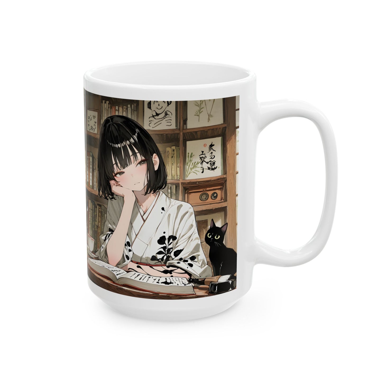 Calm Anime Mug – Cozy Reading Anime Girl Cup, Slow Life Aesthetic Mug, Peaceful Cat Coffee Mug, Relaxing Japanese Text Mug