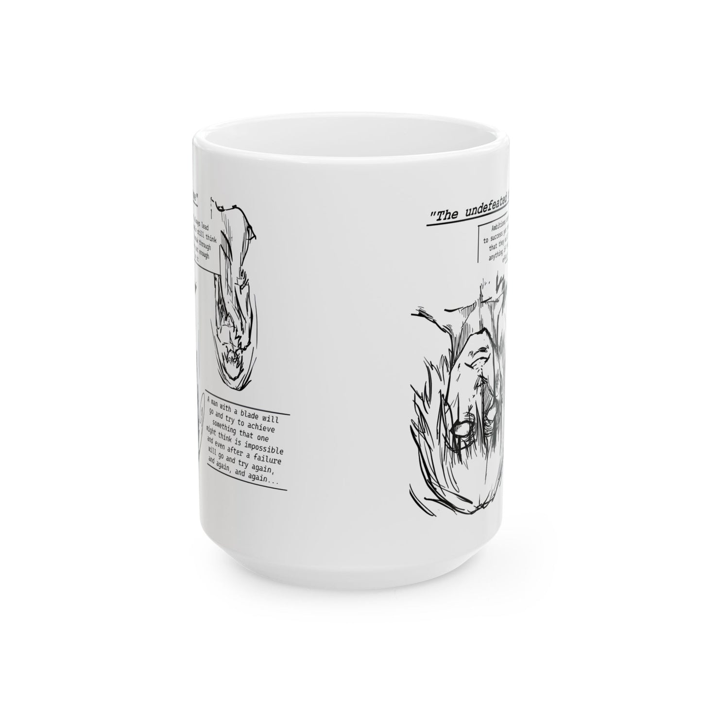 Cross-Eyed Samurai Mug – Fall of the Undefeated, Hand-Drawn Manga Art Coffee Cup, Mythic Anime Gift for Fans of Gritty Stories, B&W Samurai Design