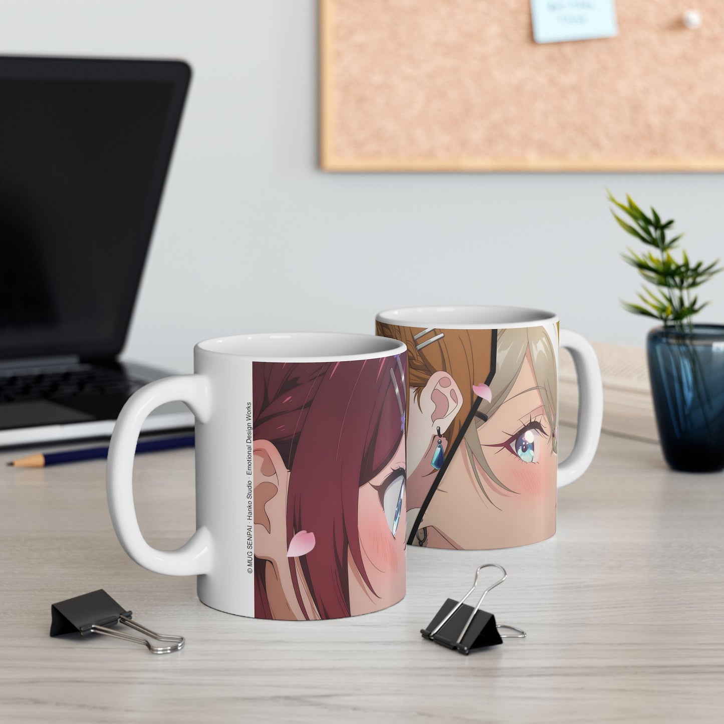 Anime Romance Mug – Blushing Rival Girls, Close-Up Love Triangle Scene, Emotional Manga Coffee Cup for Romantic Moments