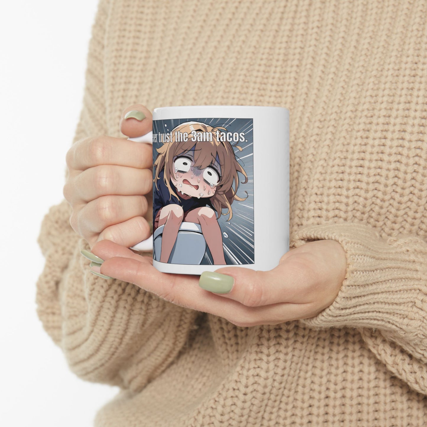 Funny Anime Mug – Crying Girl on Toilet Meme, Late Night Regret, Hilarious Gift for Anime Fans and Chaotic Foodies