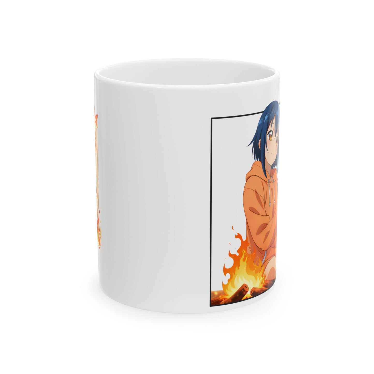 Funny Anime Mug – Camping Girl Cooking Fish Scene, Chaotic Campfire Anime Cup, Cute Cooking Disaster Mug, Weird Anime Humor Gift