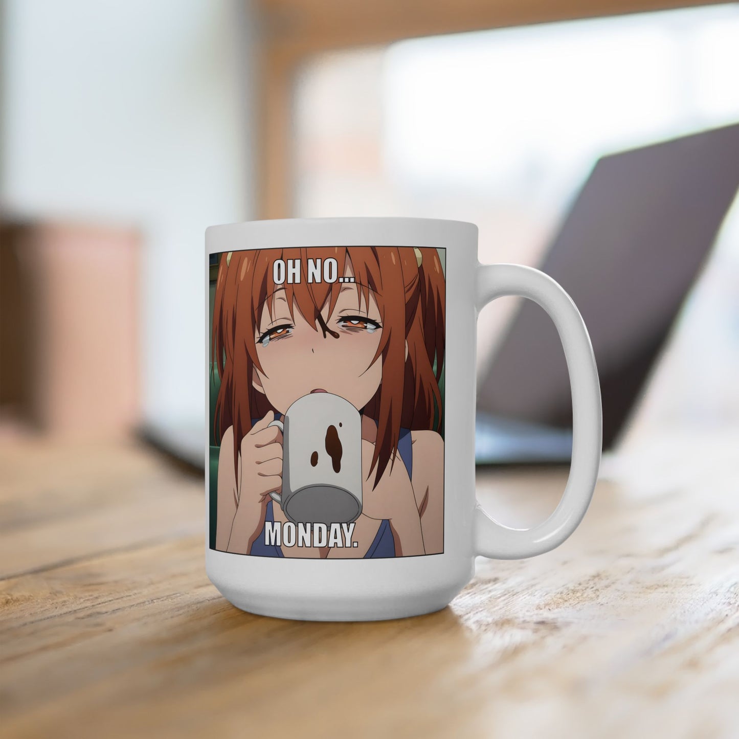 Anime Monday Mug – Oh No Meme Coffee Cup with Tired Girl, Funny Otaku Gift for Work Chaos, Exhausted Mornings, and Relatable Weeb Burnout