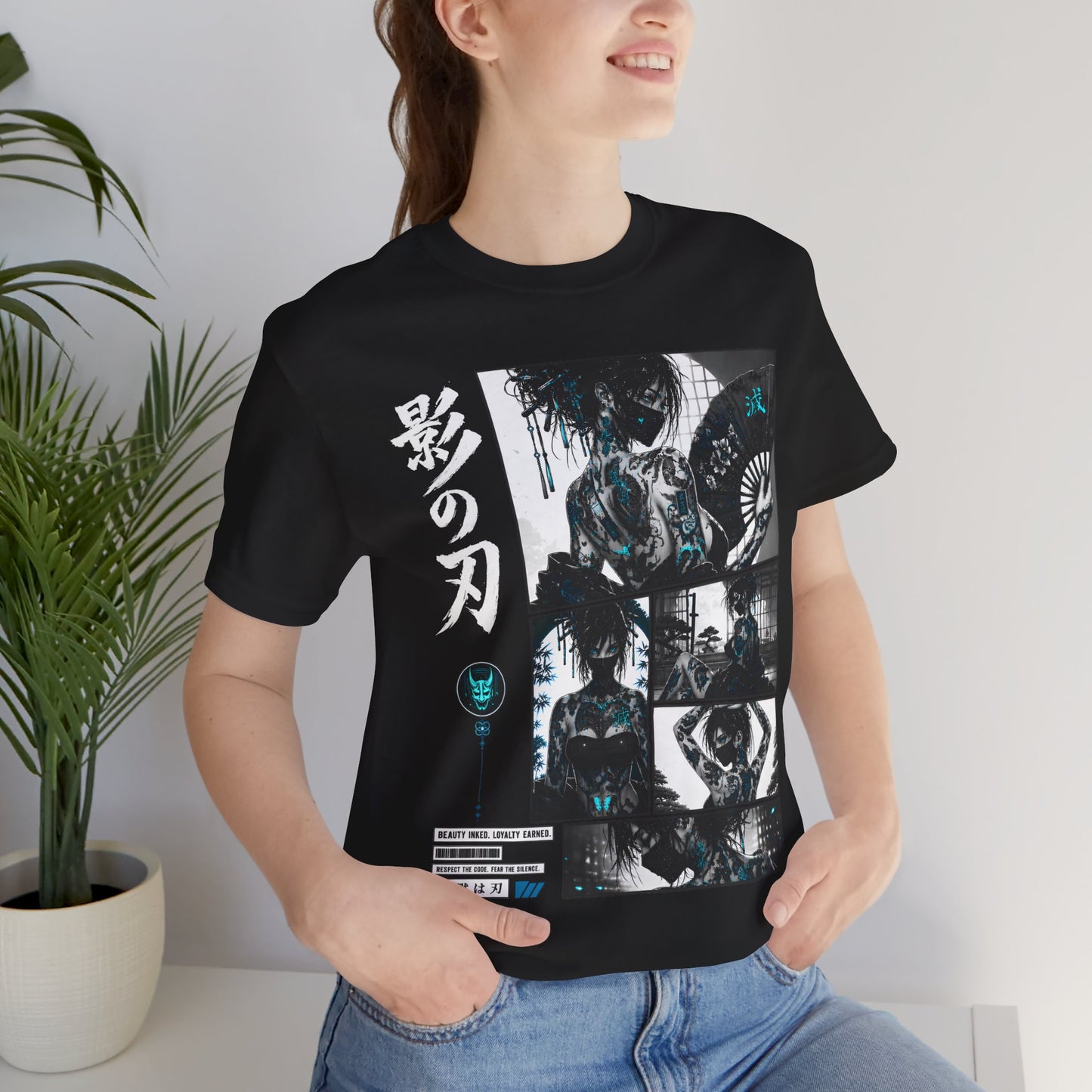 Anime Shinobi Tee – Tattooed Ninja Girl Shirt, Japanese Streetwear T-Shirt, Anime Assassin Gift, Dark Aesthetic Tee