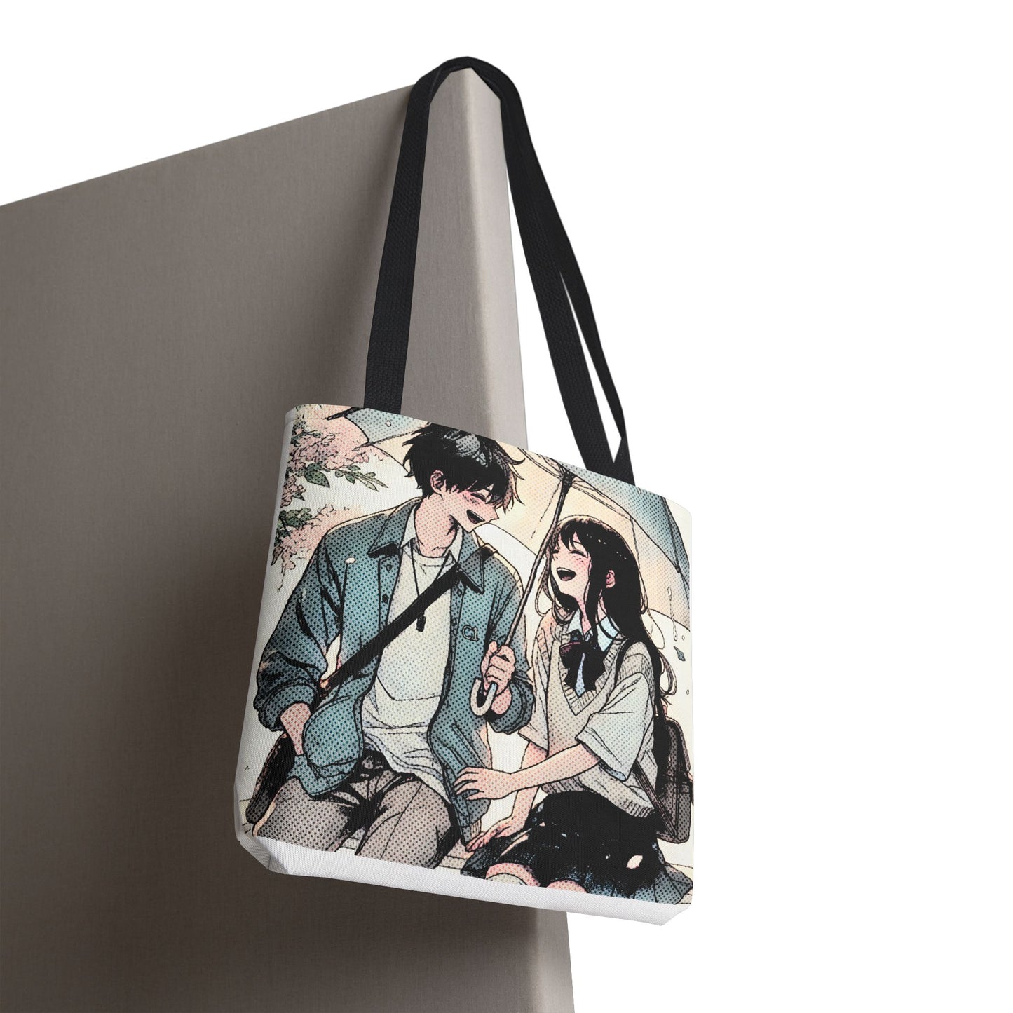 Anime Couple Tote Bag – Soft Romantic Rain Scene, Cute Manga Umbrella Moment, Aesthetic Love Story Bag