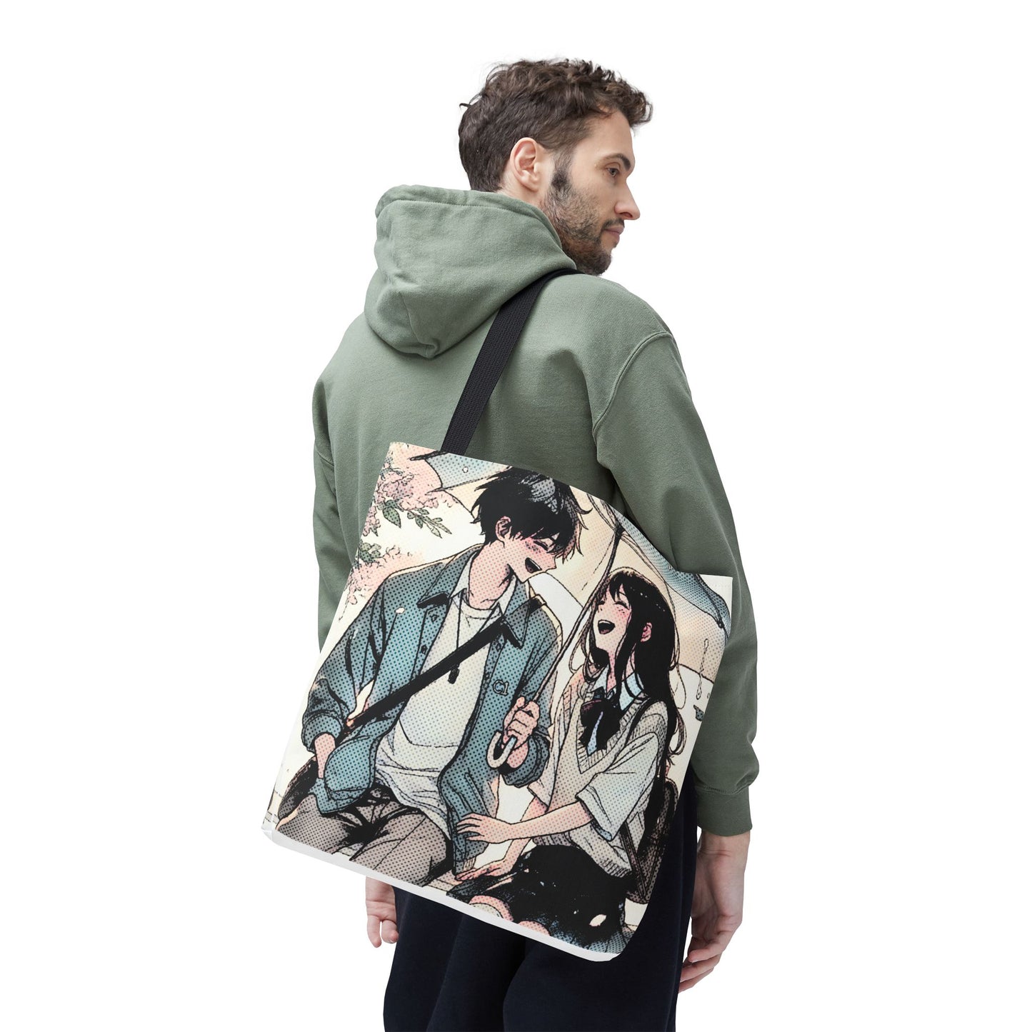 Anime Couple Tote Bag – Soft Romantic Rain Scene, Cute Manga Umbrella Moment, Aesthetic Love Story Bag