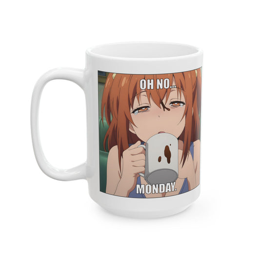 Anime Monday Mug – Oh No Meme Coffee Cup with Tired Girl, Funny Otaku Gift for Work Chaos, Exhausted Mornings, and Relatable Weeb Burnout