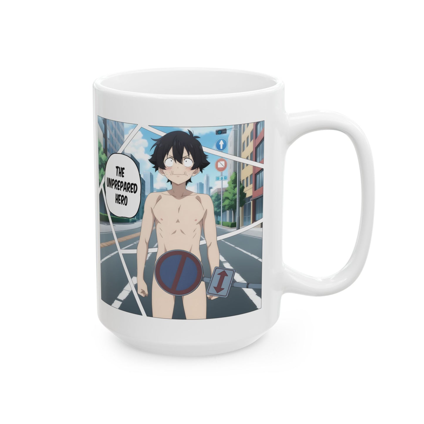 Isekai Meme Mug – Naked Summon Gone Wrong, Funny Anime Coffee Mug, Hilarious Traffic Sign Censorship Gag, Gift for Otaku and Chaos Lovers