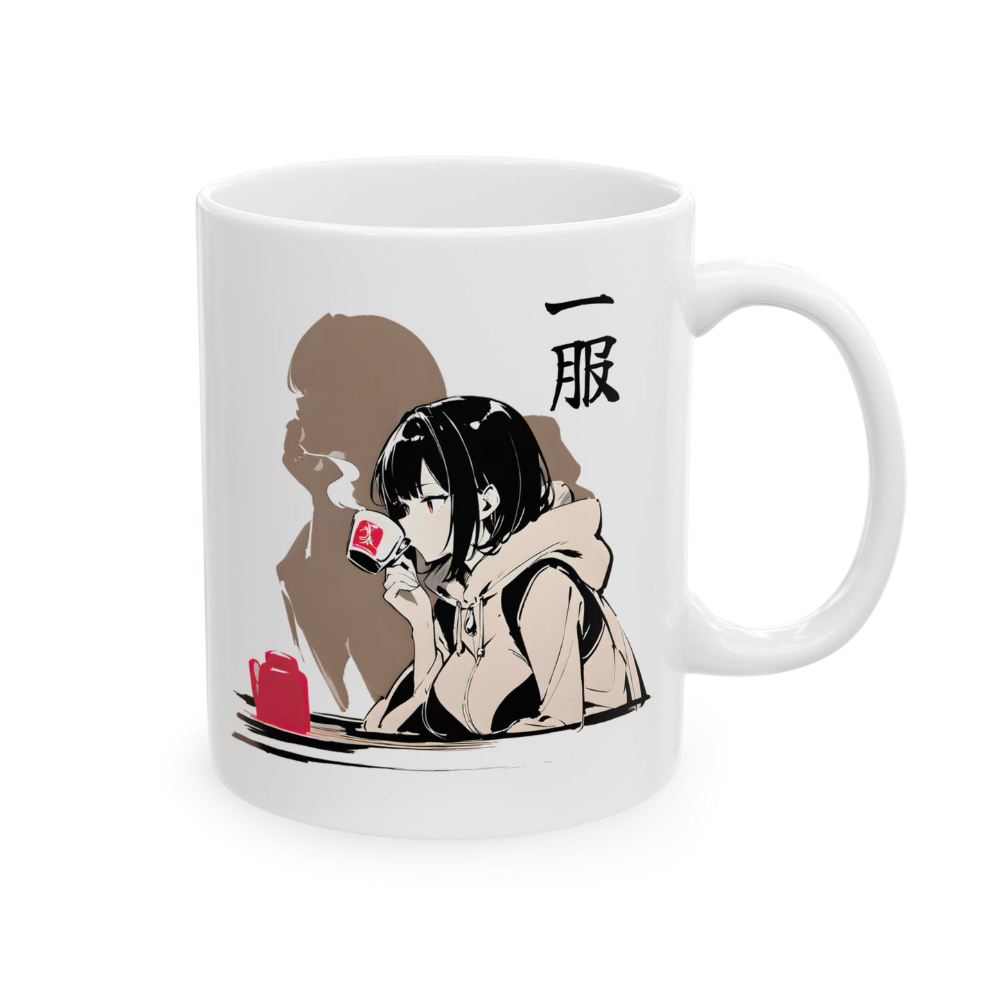 Anime Coffee Mug – Quiet Girl Sipping Tea with Shadow Silhouette, Moody Japanese Art Gift for Introverts and Anime Lovers