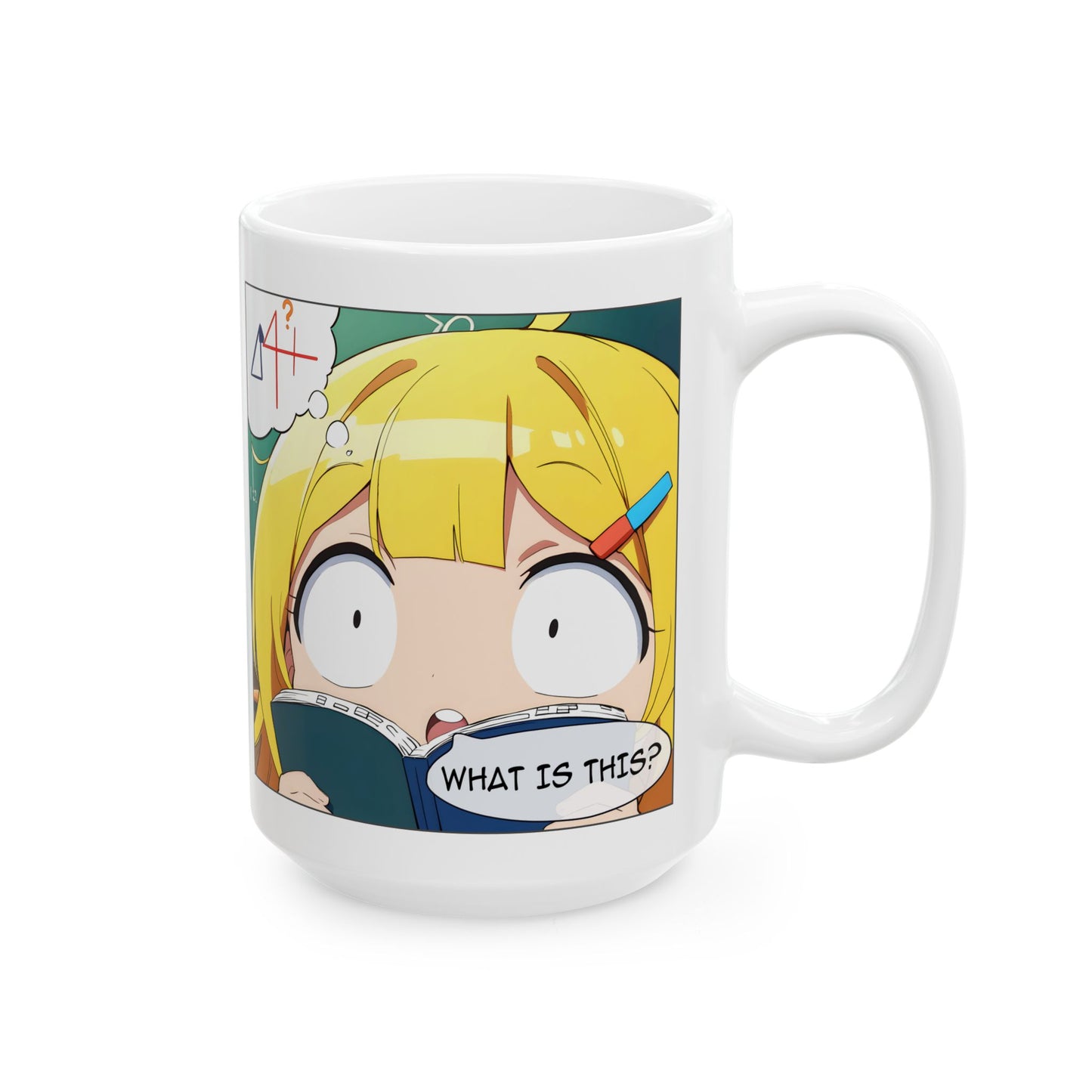 Math Struggle Mug – Confused Anime Girl with Book, Funny Exam Season Gift for Students and Study Survivors