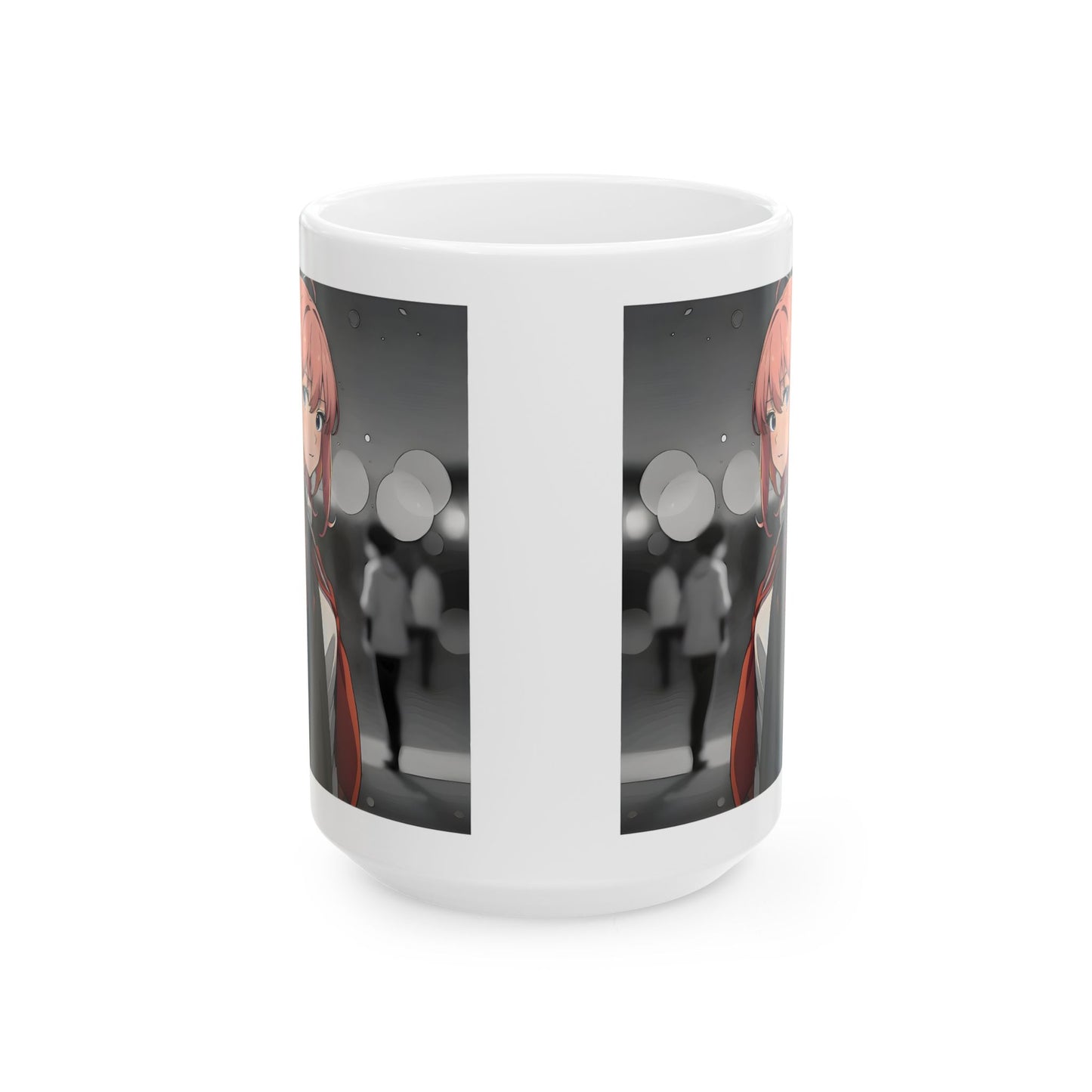 Emotional Anime Mug – Lonely Girl in Rainy Crowd, Pink Hair Manga Scene with Bokeh Lights, Sad Coffee Cup for Soft Moments