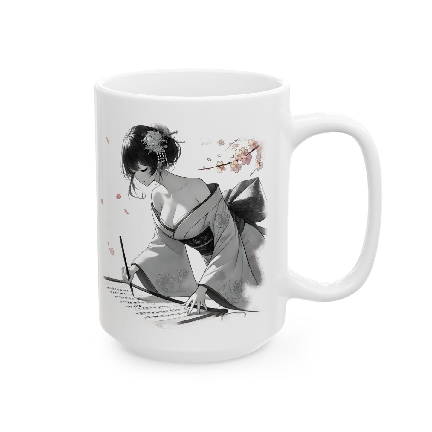 Geisha Writing Mug – Elegant Kimono Anime Girl Coffee Cup, Japanese Art Gift for Writers, Poets, and Feminine Aesthetic Collectors